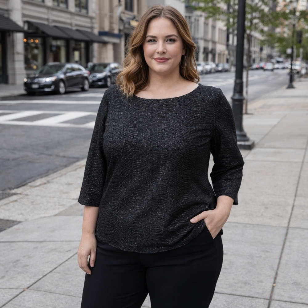 Club Monaco Black Jacquard Blouse | Textured Metallic Wave Top